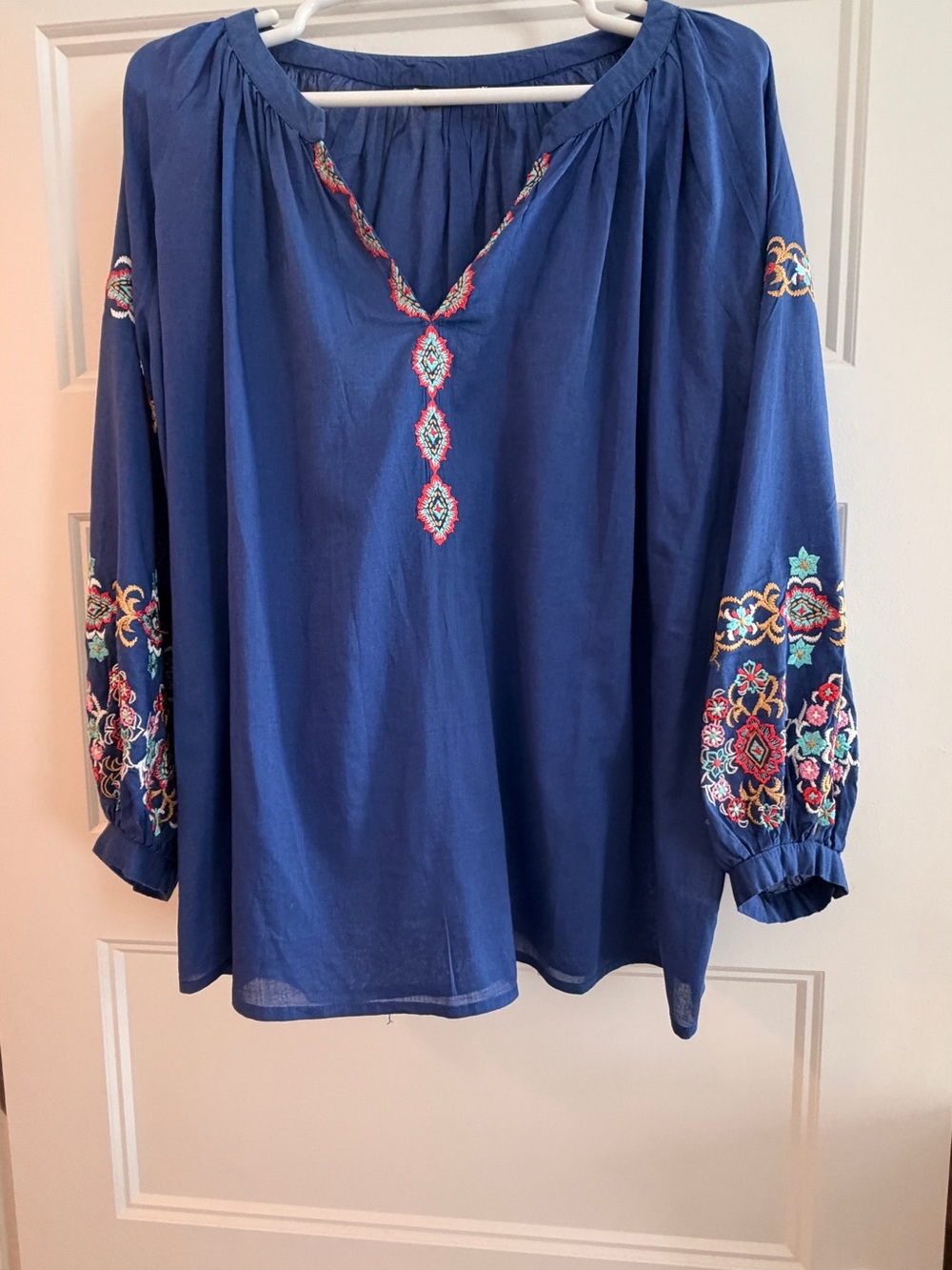 Boho Embroidered Tunic Top in Royal Blue